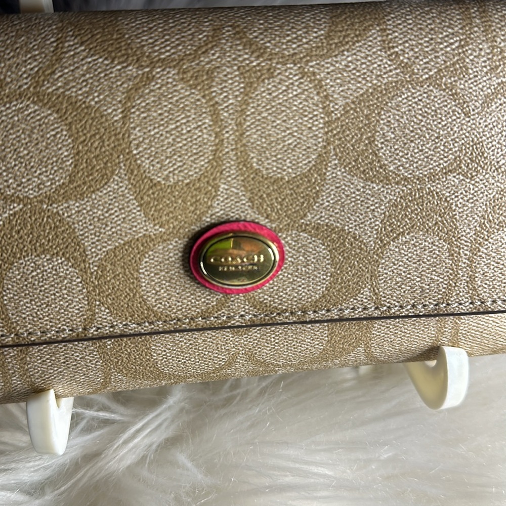 Coach Signature Coated Canvas Full Size PVC Checkbook Wallet Khaki / Pink Ruby - Picture 3 of 12